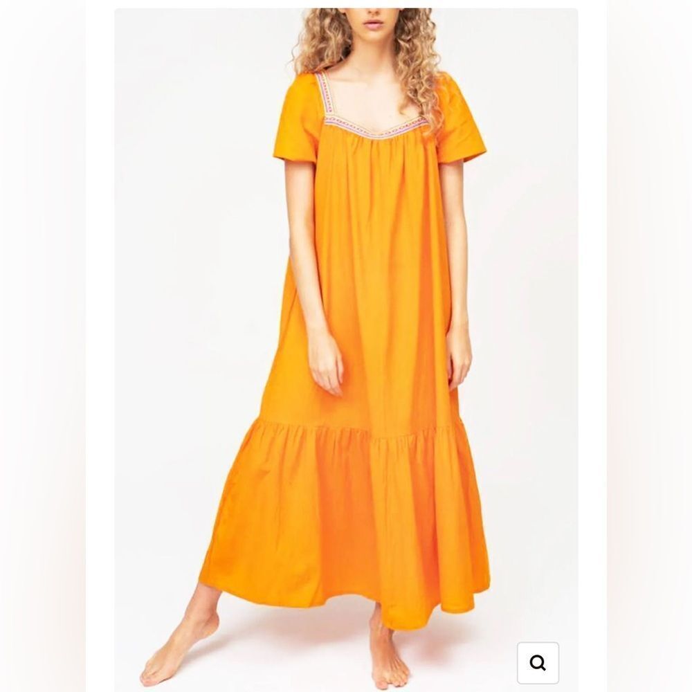 PITUSA Cotton Embroidered Square Neck Tiered Ruffle Maxi Dress Orange Petite NWT